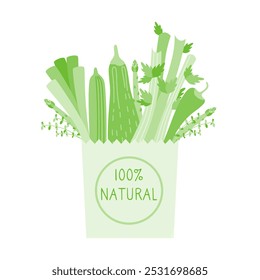 Una bolsa de verduras frescas, naturales, orgánicas, sostenibles y verdes. El concepto de nutrición adecuada. Ilustración para volante, cartel, Anuncio, diseño de Sitio web, tienda ecológica y mercado.