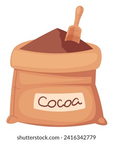 Bag of freshly ground cocoa, cocoa powder wooden spoon. Vector illustration