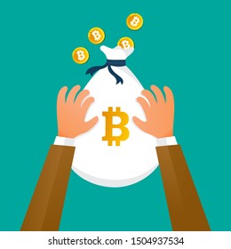 Bag full with bitcoin. Vector icon of bags with bitcoins on a green background. Vector illustration. Flat design for business financial marketing banking advertisement web concept cartoon illustration