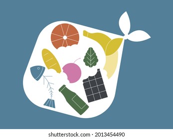 Bag full with food leftovers. Food waste, food loss concept. Illustration.  Vector.