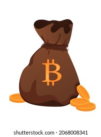 A bag full of gold bitcoins. the concept of modern earnings and savings. flat vector illustration. Sack with bitcoins isolated on a white background.