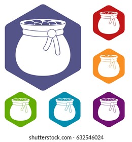 Bag full of gold coins icons set hexagon isolated vector illustration