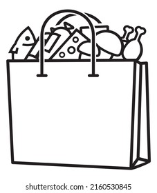Bag full of grocery. Black and white illustration for your design.