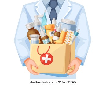 Bag full of medicines. Pharmacist holding medical supplies, medications for treatment. Doctor prescription vector illustration of pharmacist healthcare, health medicine and drugstore