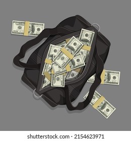 Bag full of money. Black duffel bag full of dollar notes with dollars lying around