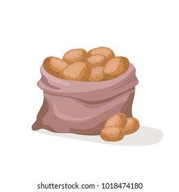Bag full of potatoes. Vector illustration isolated on white. Food icon.