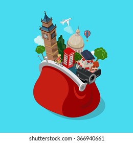 Bag full of sights landmarks showplace flat 3d isometric isometry vacation travel tourism concept vactor web site illustration. Creative travel collection.