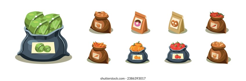 Bag Full of Various Products and Vegetables Vector Set