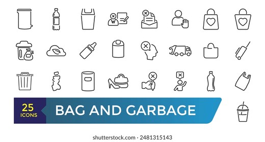 Bag and Garbage for trash icons set. Food garbage, Dirty dustbin. Collection and pack of linear web and ui icons. Editable stroke. Vector illustration