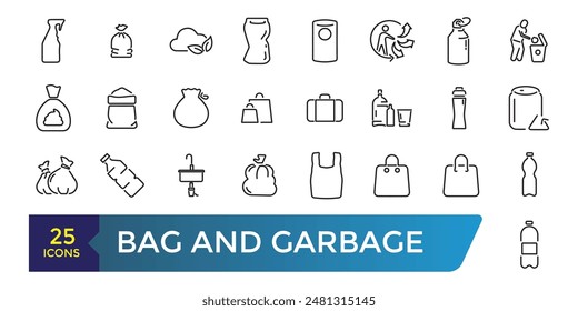Bag and Garbage for trash icons set. Food garbage, Dirty dustbin. Collection and pack of linear web and ui icons. Editable stroke. Vector illustration