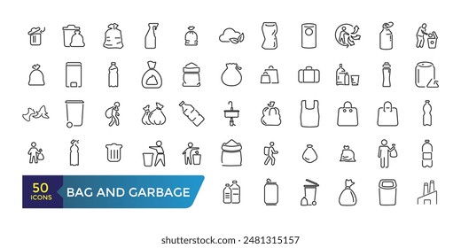 Bag and Garbage for trash icons set. Food garbage, Dirty dustbin. Collection and pack of linear web and ui icons. Editable stroke. Vector illustration