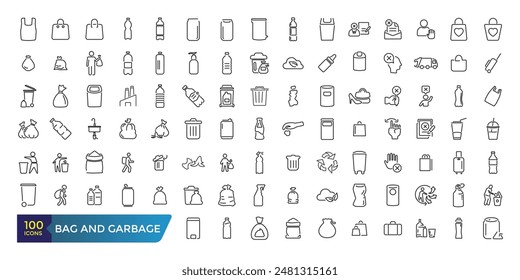 Tasche und Müll für Müll-Symbole gesetzt. Essensmüll, schmutziger Mülleimer. Kollektion und Packung linearer Web- und UI-Symbole. Bearbeitbarer Strich. Vektorillustration