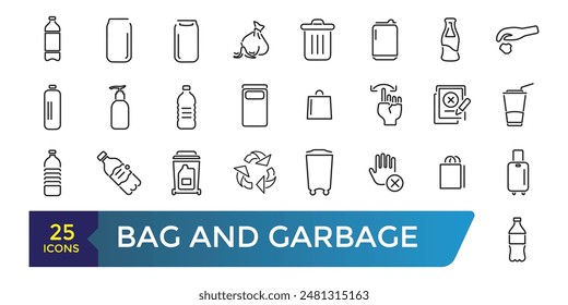 Bolsa y basura para el conjunto de iconos de basura. Basura de comida, basurero sucio. Colección y paquete de iconos de Web lineal y ui. Trazo editable. Ilustración vectorial