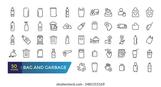 Bag and Garbage for trash icons set. Food garbage, Dirty dustbin. Collection and pack of linear web and ui icons. Editable stroke. Vector illustration