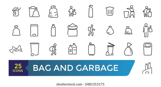 Bag and Garbage for trash icons set. Food garbage, Dirty dustbin. Collection and pack of linear web and ui icons. Editable stroke. Vector illustration