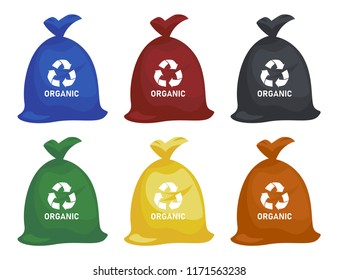 Bag with garbage. Trash in garbage packages with sorted garbage vector icons. Recycling garbage separation collection and recycled isolated on white background