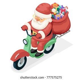 Bag Gift Box Santa Claus Delivery Courier Scooter Symbol Box Icon Concept Isolated Isometric Cartoon 3d Flat Design Vector Illustration