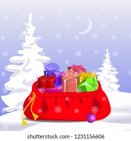 Bag with gift boxes of various shapes with ribbons and bows. Christmas gift.