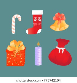A bag with gifts, a bell, a candle, a sock, a lollipop. Attributes of Christmas.