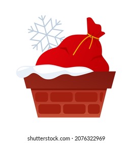 Bag of gifts in the chimney - flat design style single isolated object. Neat detailed image of red sack from Santa Claus that stuck in a brick stovepipe. Happy New Year and Merry Christmas idea