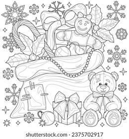 A bag of gifts for Christmas.Coloring book antistress for children and adults. Illustration isolated on white background.