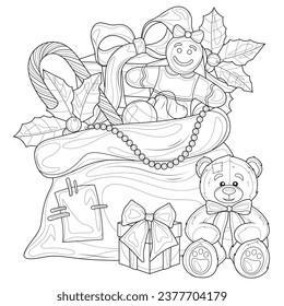 A bag of gifts for Christmas.Coloring book antistress for children and adults. Illustration isolated on white background.