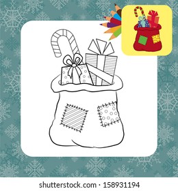 Bag with gifts. Coloring page. Vector illustration