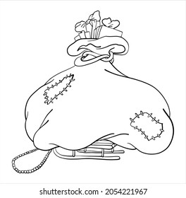 A bag of gifts on a sled for the holidays new year, christmas. Coloring book for children. Vector illustration
