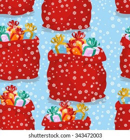 Bag with gifts seamless pattern. Christmas background red sack Santa Claus. Snowfall and holiday texture.
