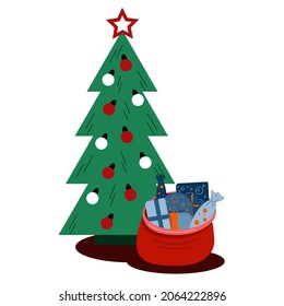 a bag of gifts under a green christmas tree