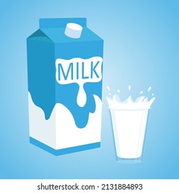 Bag and glass of milk on blue background. Vector cartoon illustration.