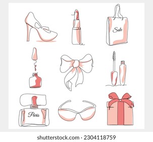 Bag, glasses, perfume bottle - fashion, leisure, sale icons. fashion set, elements, one line style. feminine items for social media, print, banner, business idea. vector illustration.