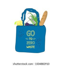 Bag go to zero waste. Blue fabric eco shopping bag. No plastic bag. Long loaf, spring onion, bean jar, lemon. Vector illustration.