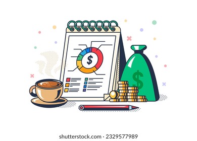 Bag of gold coins, business analysis chart and mug of strong coffee on table. Planning and analysis of budget of financial operations. Cartoon outline vector concept isolated on white background