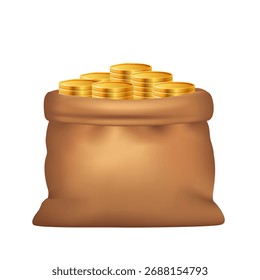 Saco de moedas de ouro. Clipart 3d vetorial isolado no fundo branco.