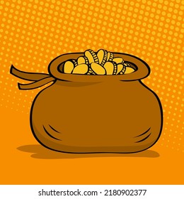 Bag of gold coins. Wealth and success. Financial savings. Idea of earning. Found treasure. Pouch of gold. Cartoon vector illustration in pop art style