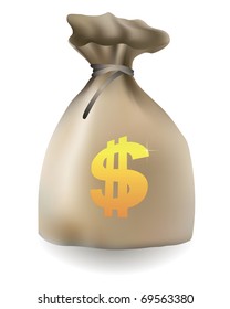Bag with a gold dollar sign on a white background