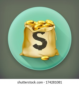 Bag of gold, long shadow vector icon