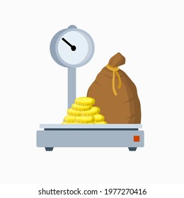 Bag of gold on scale. Weighing wealth and money. Coins in a canvas sack. Concept of income and banking operations. Flat cartoon illustration