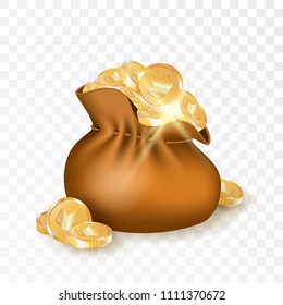 Bag with Golden Coins Realistic 3d Vector Illustration for Game or Prize Concept