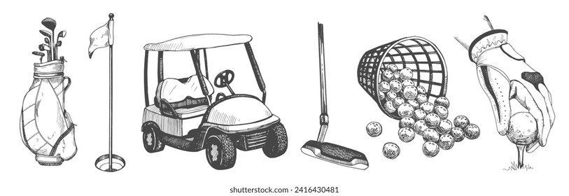 Bag with golf clubs, golf cart, bucket with balls in sketch style. Hand on the golf ball. Black and white hand-drawn illustration.