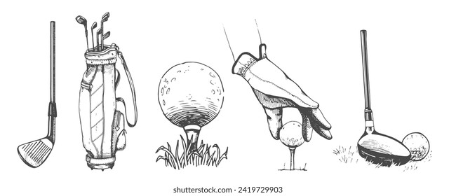 Bag with golf clubs, Hand on the golf ball, Bag with golf clubs in sketch style. Black and white hand-drawn illustration.