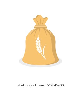 Bag of grain is isolated on a white background in flat style. Vector design illustration. Closed bag with wheat spike. Brown big package with flour tied with a rope.