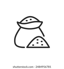 Bolsa de grano, icono de estilo lineal. Saco lleno de grano, con algo de grano derramado. Ancho de trazo editable.