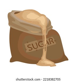 Bag of granulated brown sugar. Sack full of sugar with tag on it. Vector illustration isolated in white background. Sweet food, sucrose concept.