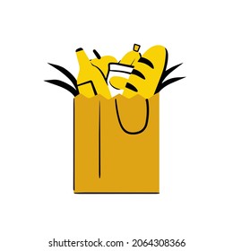 Bag with groceries. Bread, wine and vegetables in paper packaging from the supermarket. Shopping bag. Outline trendy cartoon