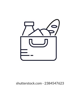 Bag with groceries. Vector linear illustration icon isolated on white background.