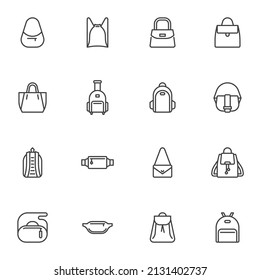 Bag and handbag line icons set, outline vector symbol collection, linear style pictogram pack. Signs, logo illustration. Set includes icons as Backpack, shopping bag, sport rucksack, knapsack, Belt 