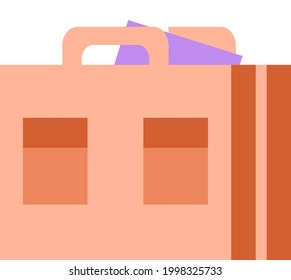 Bag handbag schoolbag or purse with handle and papers simple flat vector icon or illustration isolated