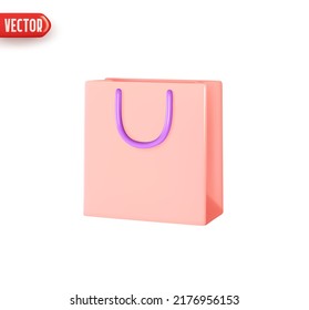 Bag with handle is stylish for shopping. Shopping pink packages. Realistic 3d design In plastic cartoon style. Icon isolated on white background. Vector illustration